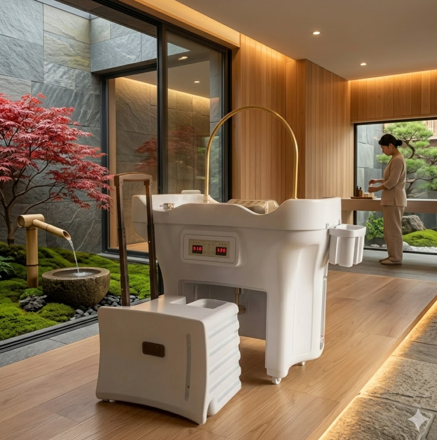 Un grand appareil de traitement spa corporel moderne, de couleur blanche avec une arche dorée et un panneau de contrôle numérique, dans une cabine de soin en bois donnant sur un jardin japonais.