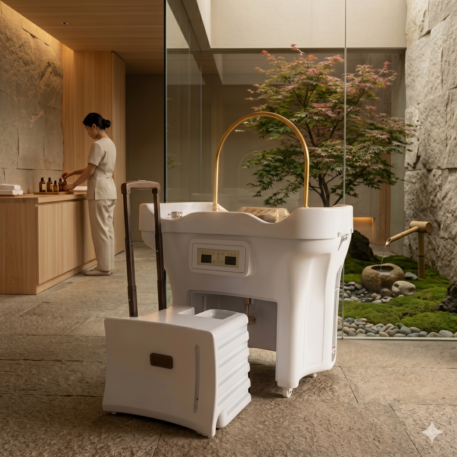 Bac de soin capillaire Head Spa blanc avec réservoir mobile au premier plan dans un spa luxueux à la décoration zen avec un jardin japonais en arrière-plan