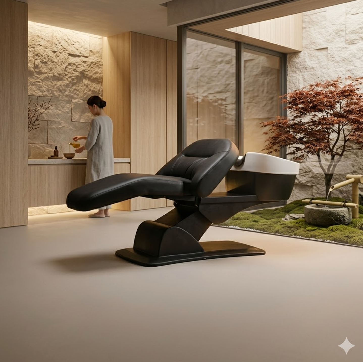 Fauteuil de lavage de cheveux professionnel noir avec vasque blanche intégrée, en position inclinée avec repose-pieds relevé, sur un fond blanc isolé.