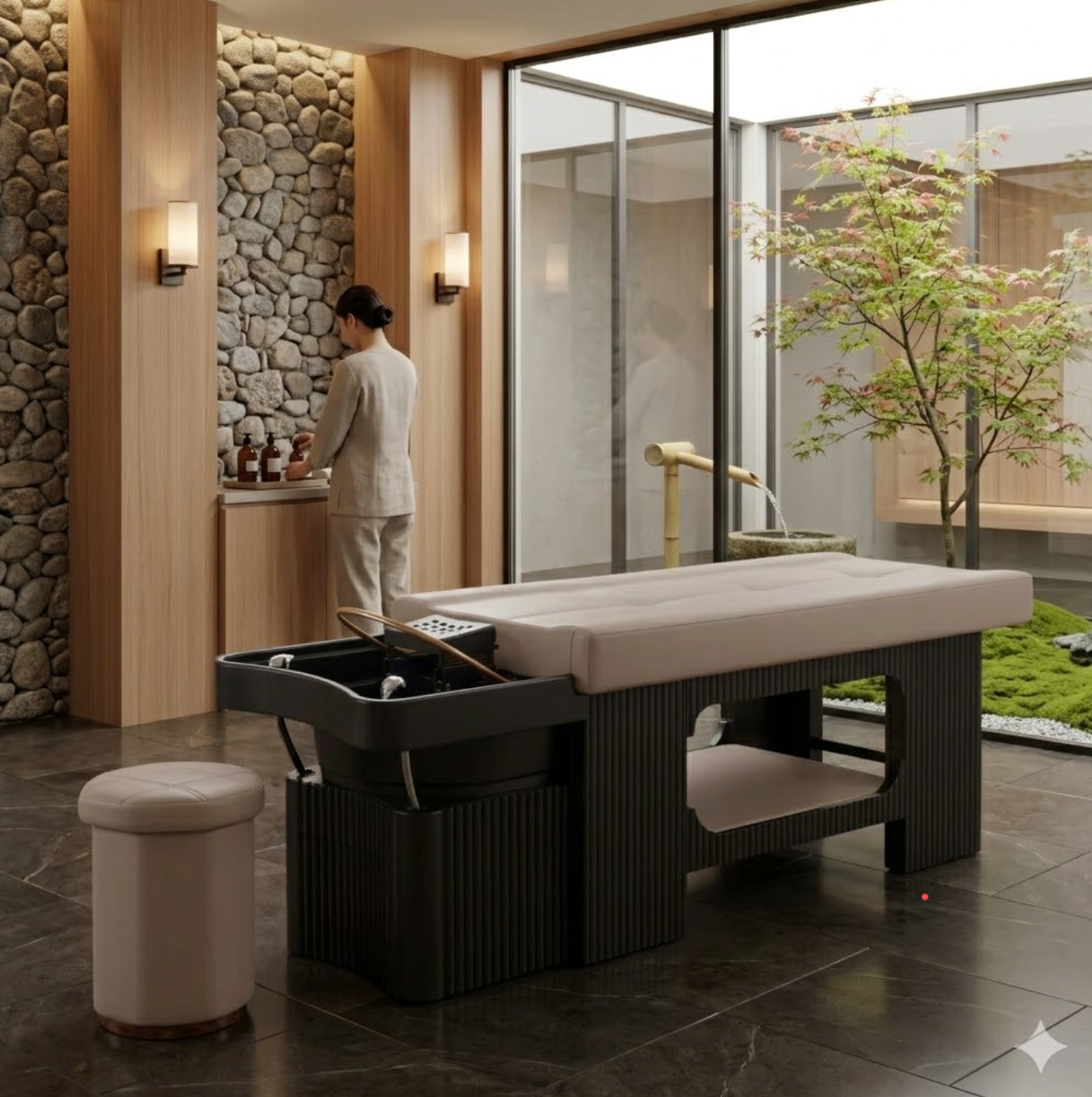 Lit de soin professionnel pour spa avec bac à shampoing intégré et tabouret assorti, couleurs beige et noir, situé dans une cabine de soin au design zen avec vue sur un jardin japonais.