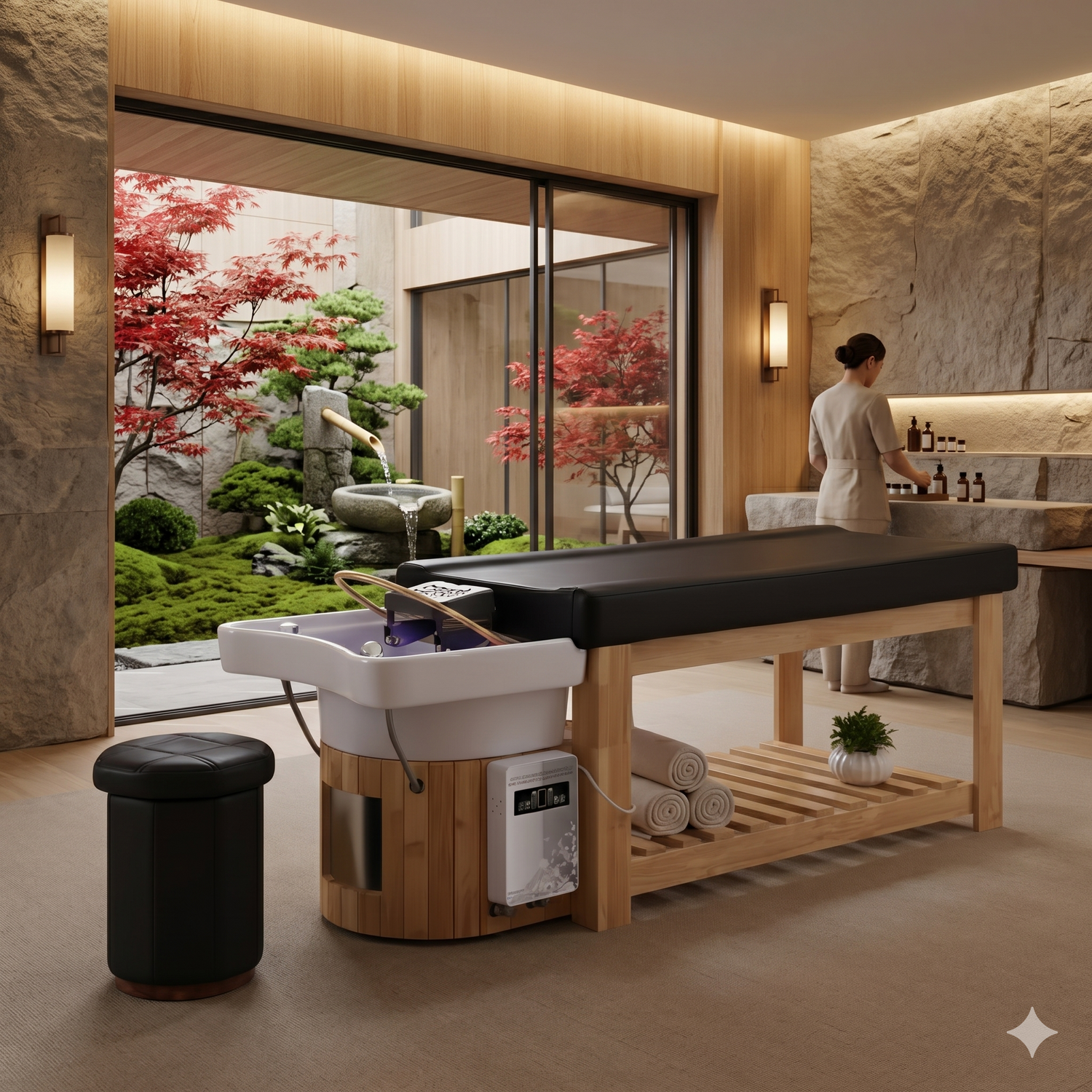 Table de massage et bac à shampoing tout-en-un de luxe dans un décor de spa Zen avec jardin japonais et thérapeute