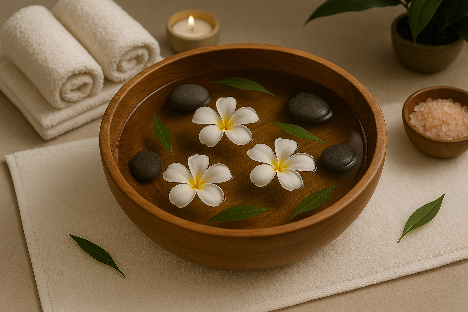 Bol en bois rempli d’eau et fleurs flottantes, ambiance spa naturelle pour illustrer quel bac Head Spa choisir pour son salon.