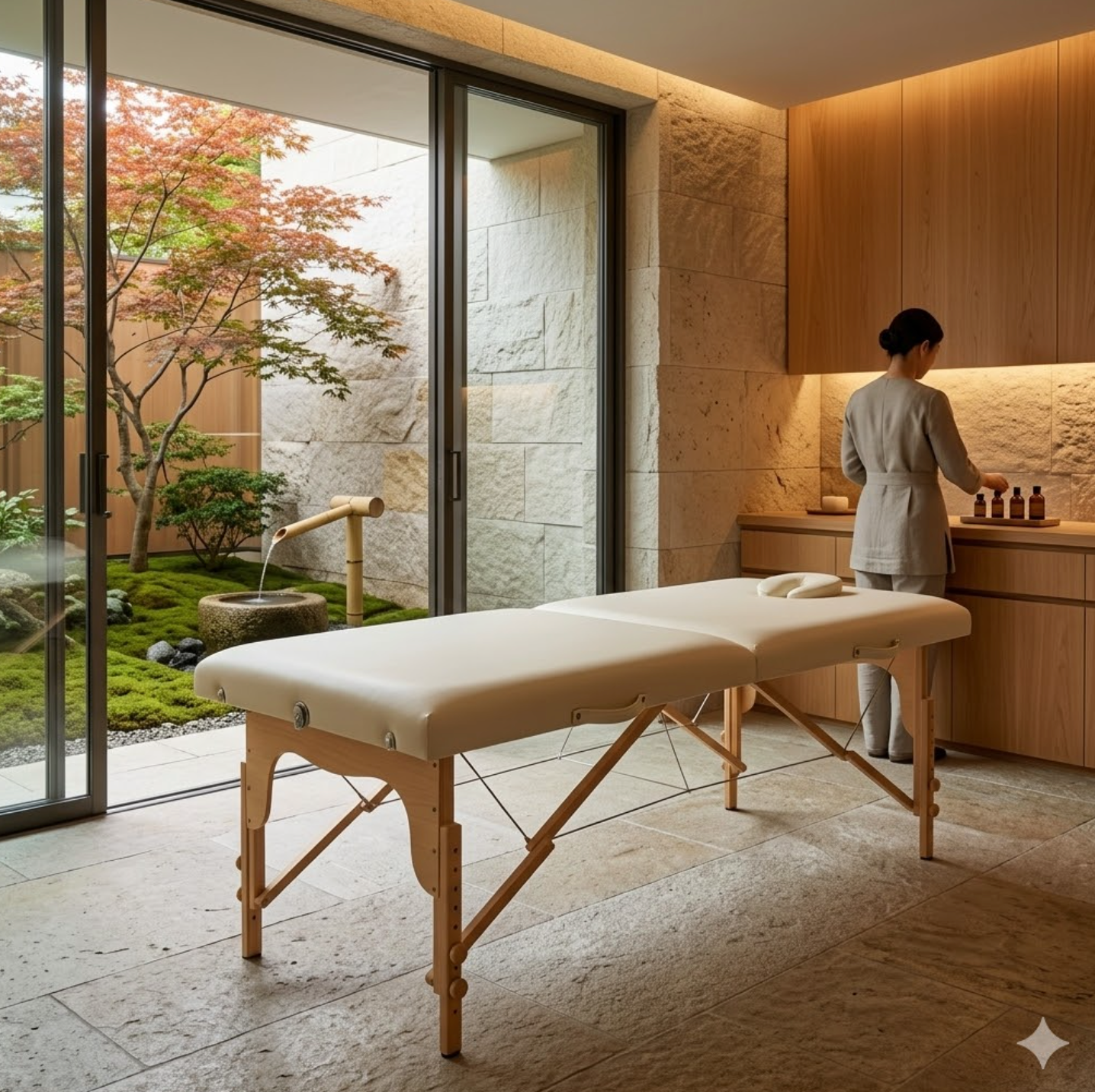 Table de massage portable pliée, debout, avec un cadre en bois clair et un revêtement ivoire. Équipement professionnel compact pour spa et bien-être, sur fond blanc