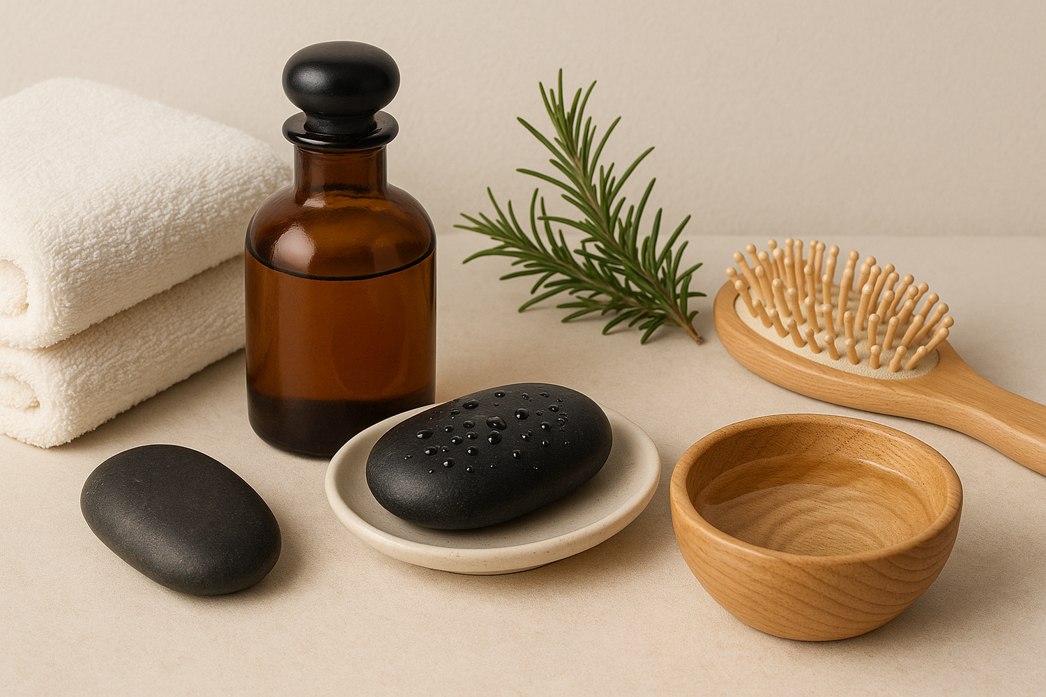 Ambiance naturelle de bien-être avec pierres chaudes, serviettes et éléments zen pour illustrer l’univers Head Spa