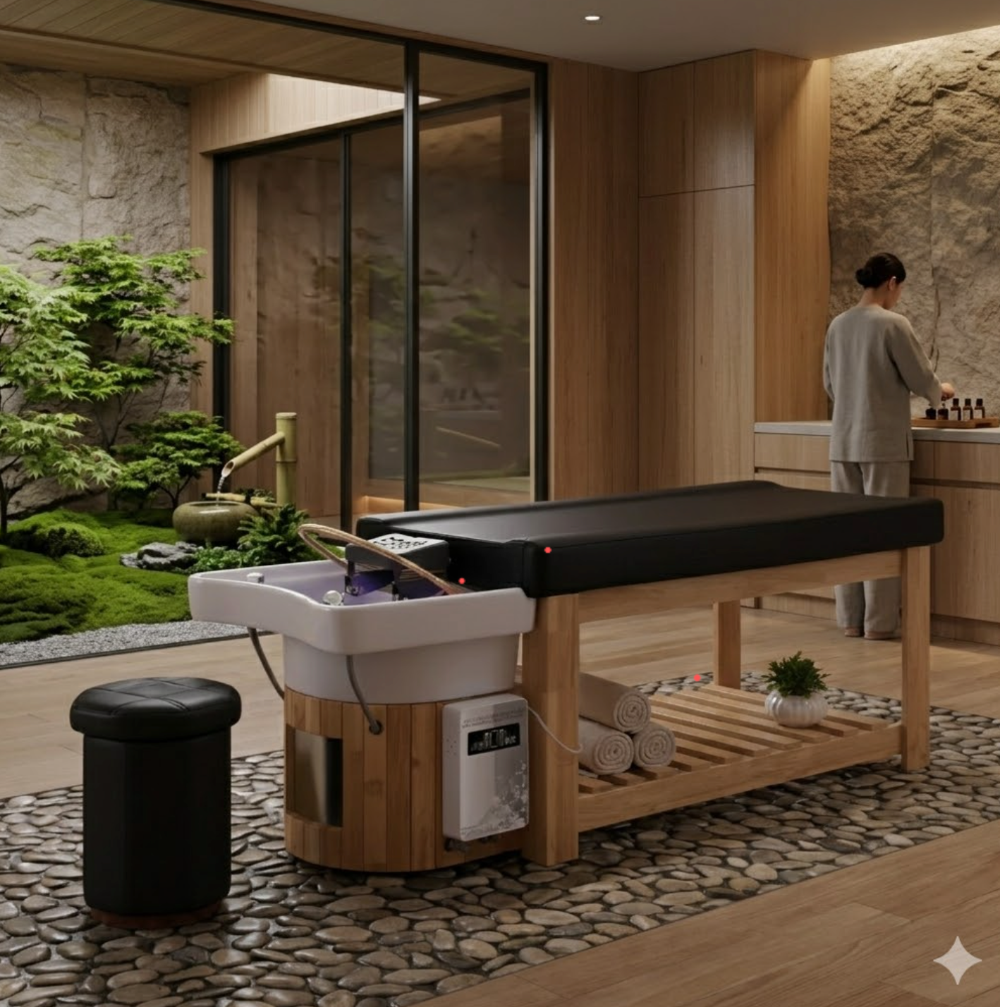 Lit de soin Head Spa professionnel en bois clair avec bac à shampoing intégré et tabouret ergonomique, présenté dans une cabine de spa luxueuse au décor zen.